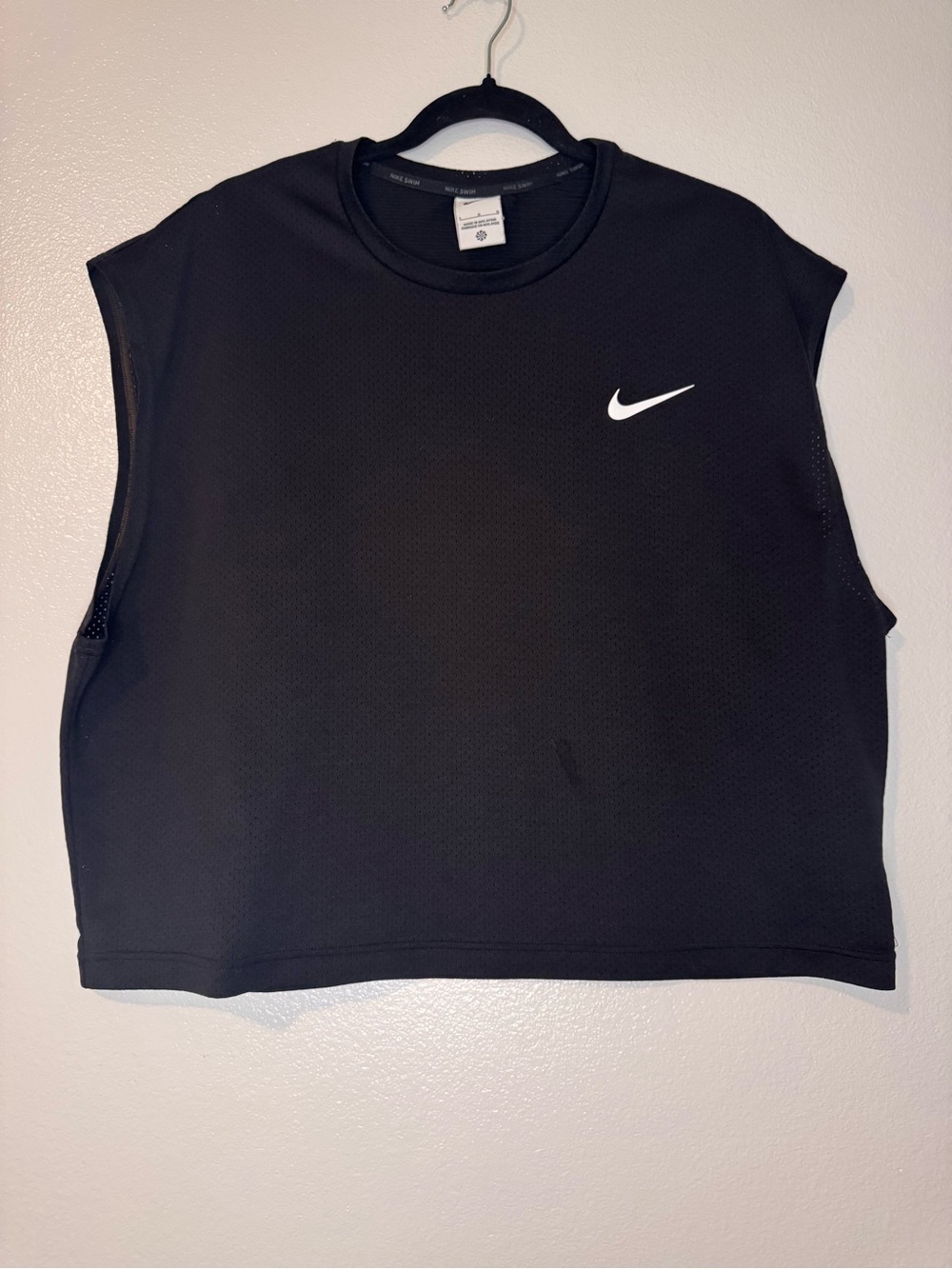 Nike swim men’s cropped Black Muscle Tank with White Swoosh size large